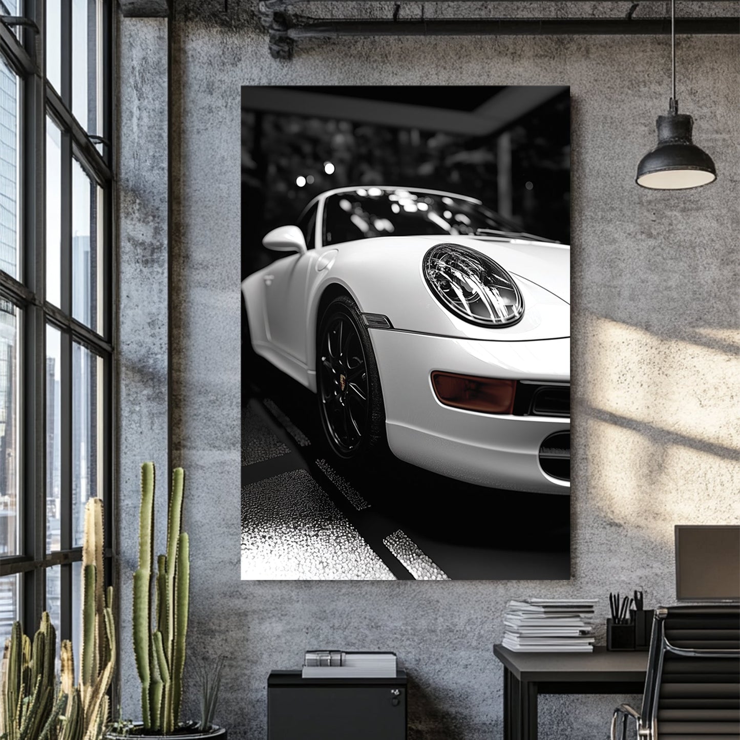 black and white Porsche wall art with dramatic showroom lighting