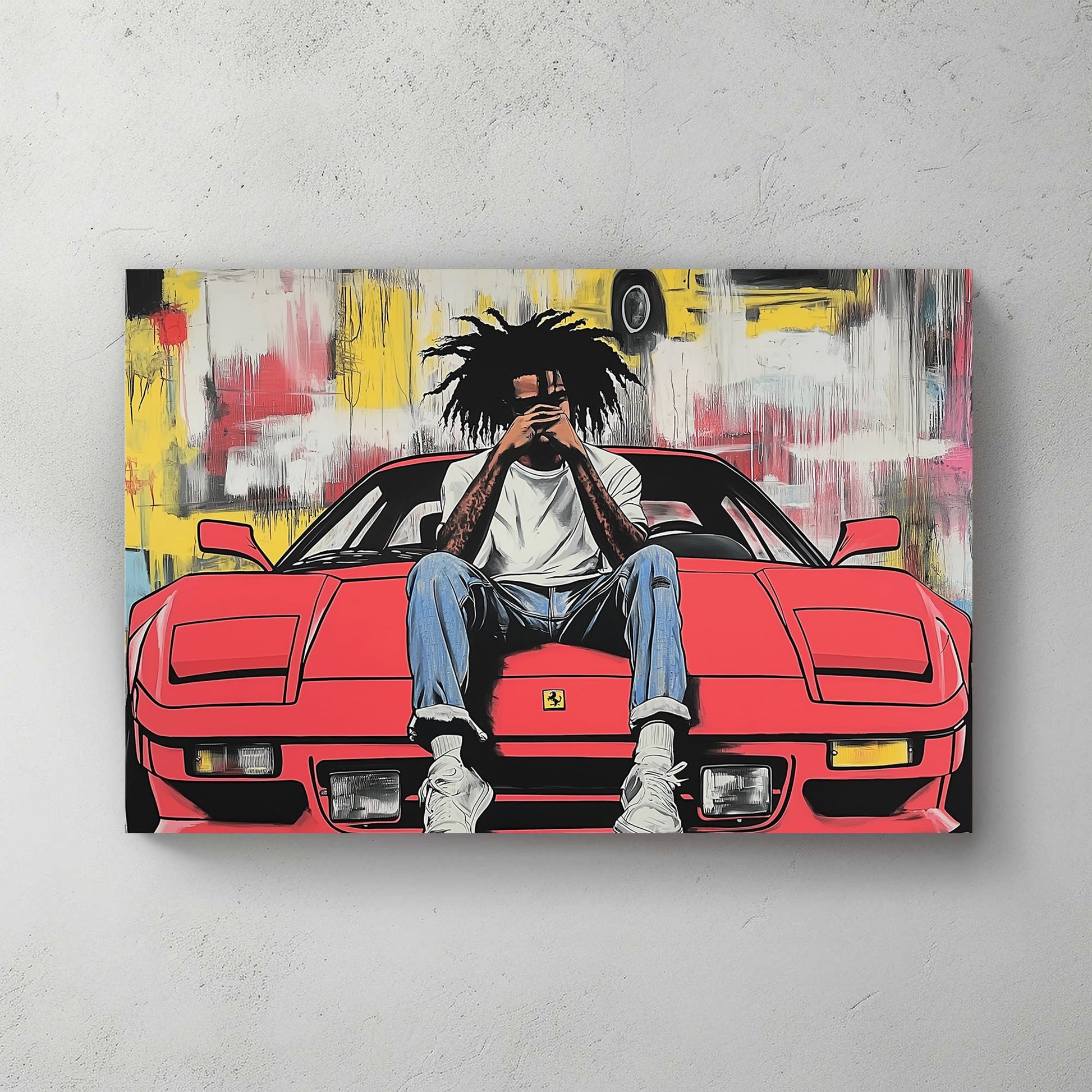 urban pop art of man on red Ferrari with graffiti background