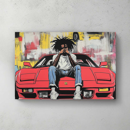urban pop art of man on red Ferrari with graffiti background