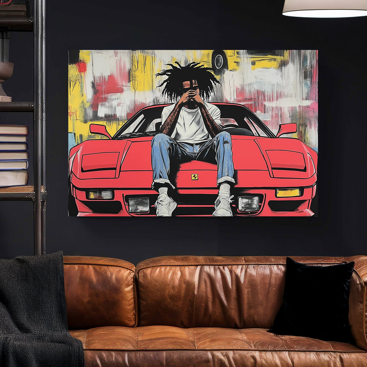 urban pop art of man on red Ferrari with graffiti background