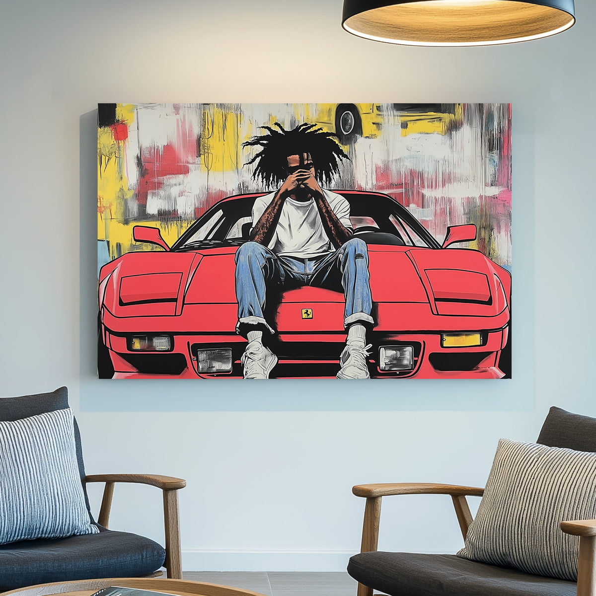 urban pop art of man on red Ferrari with graffiti background