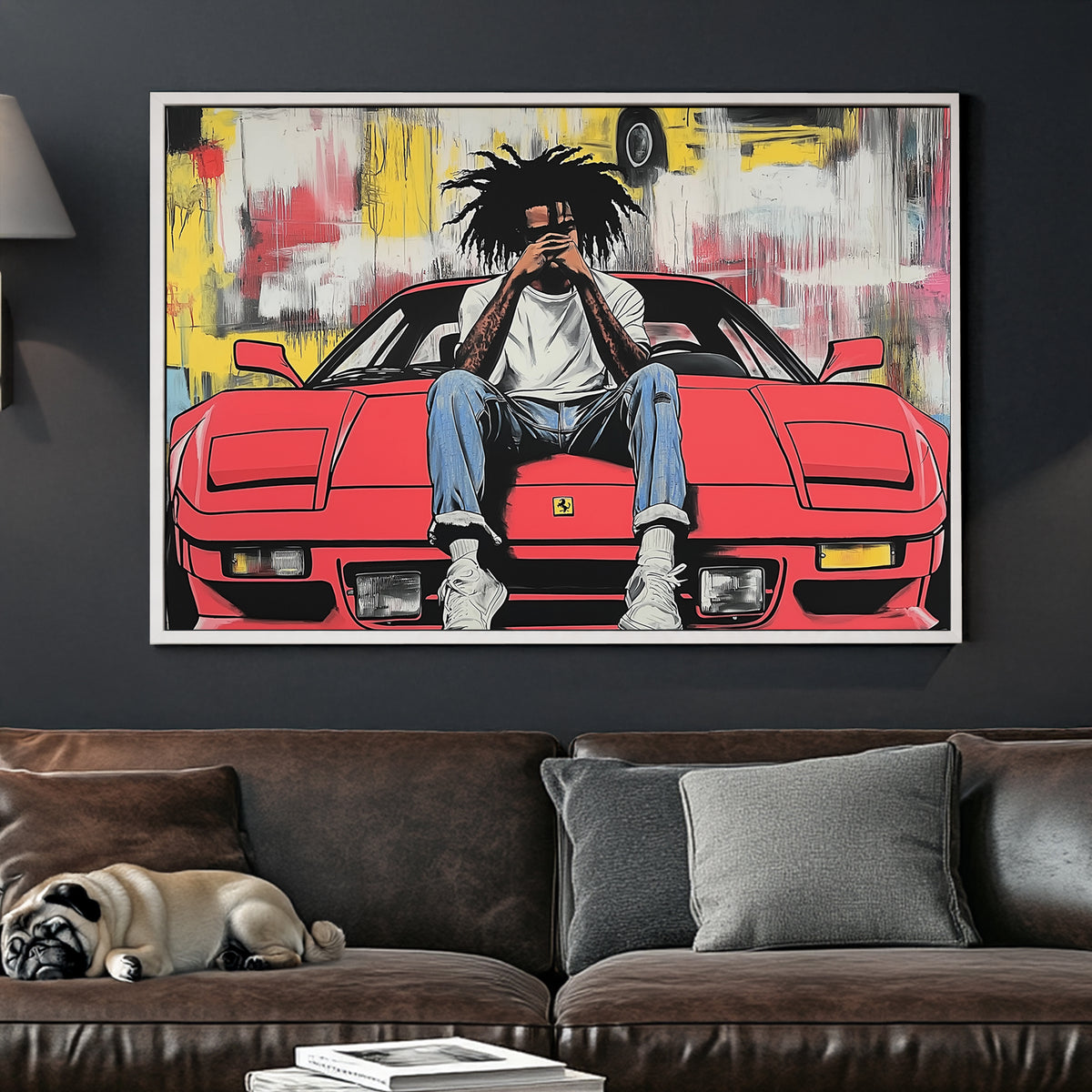 urban pop art of man on red Ferrari with graffiti background