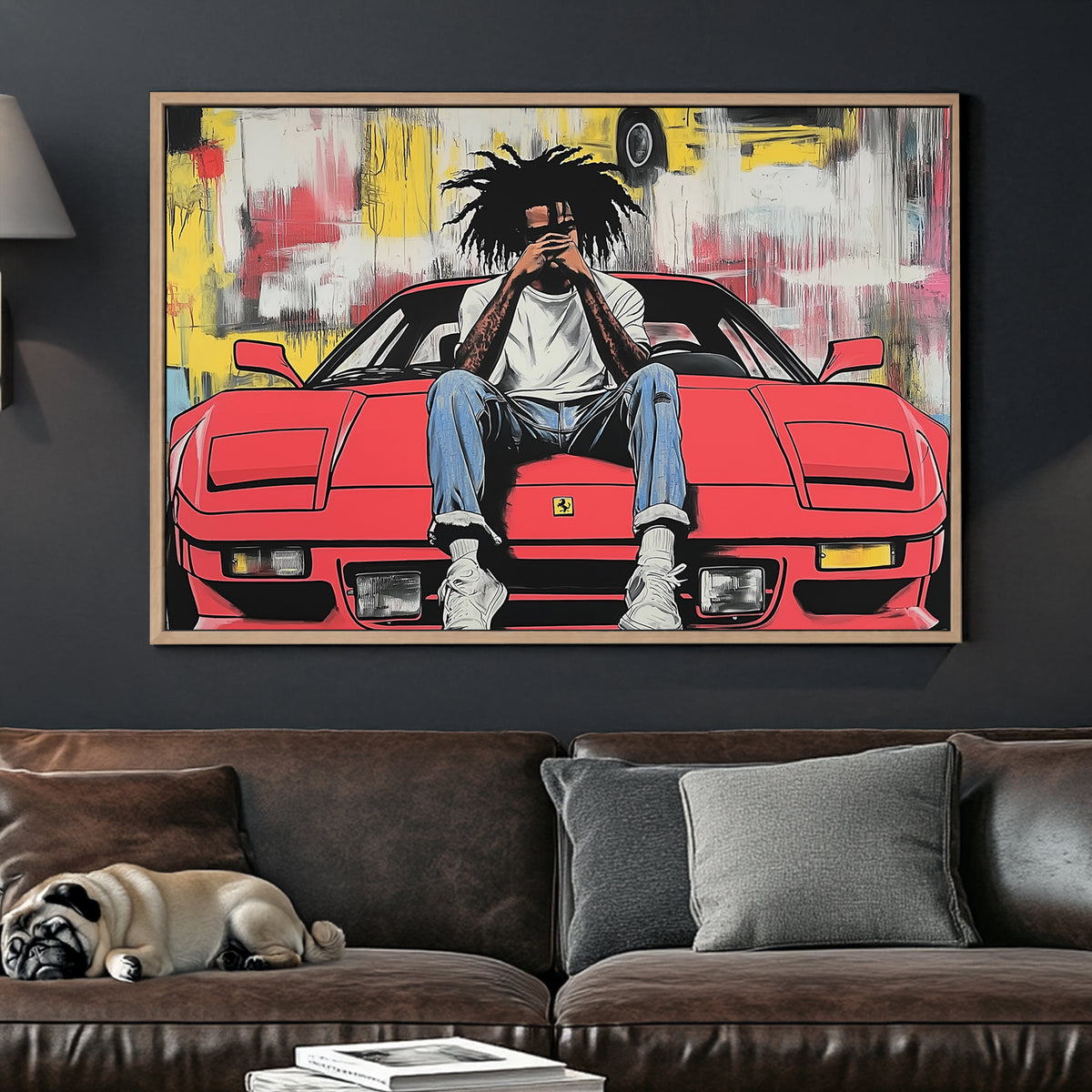 urban pop art of man on red Ferrari with graffiti background