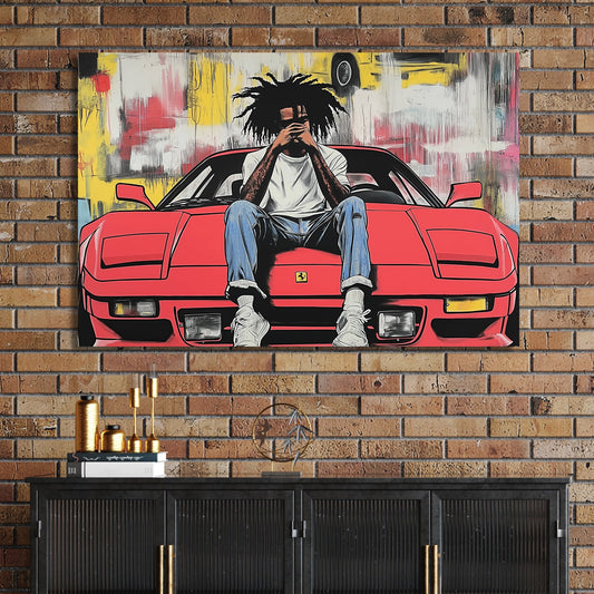 urban pop art of man on red Ferrari with graffiti background
