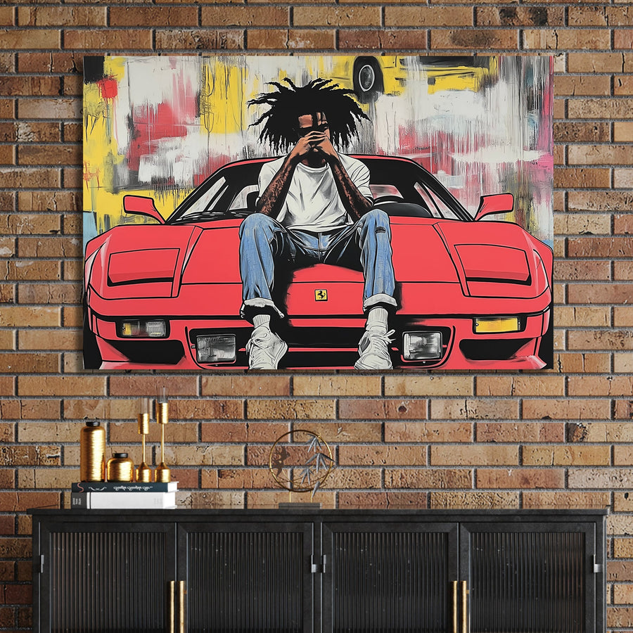 urban pop art of man on red Ferrari with graffiti background