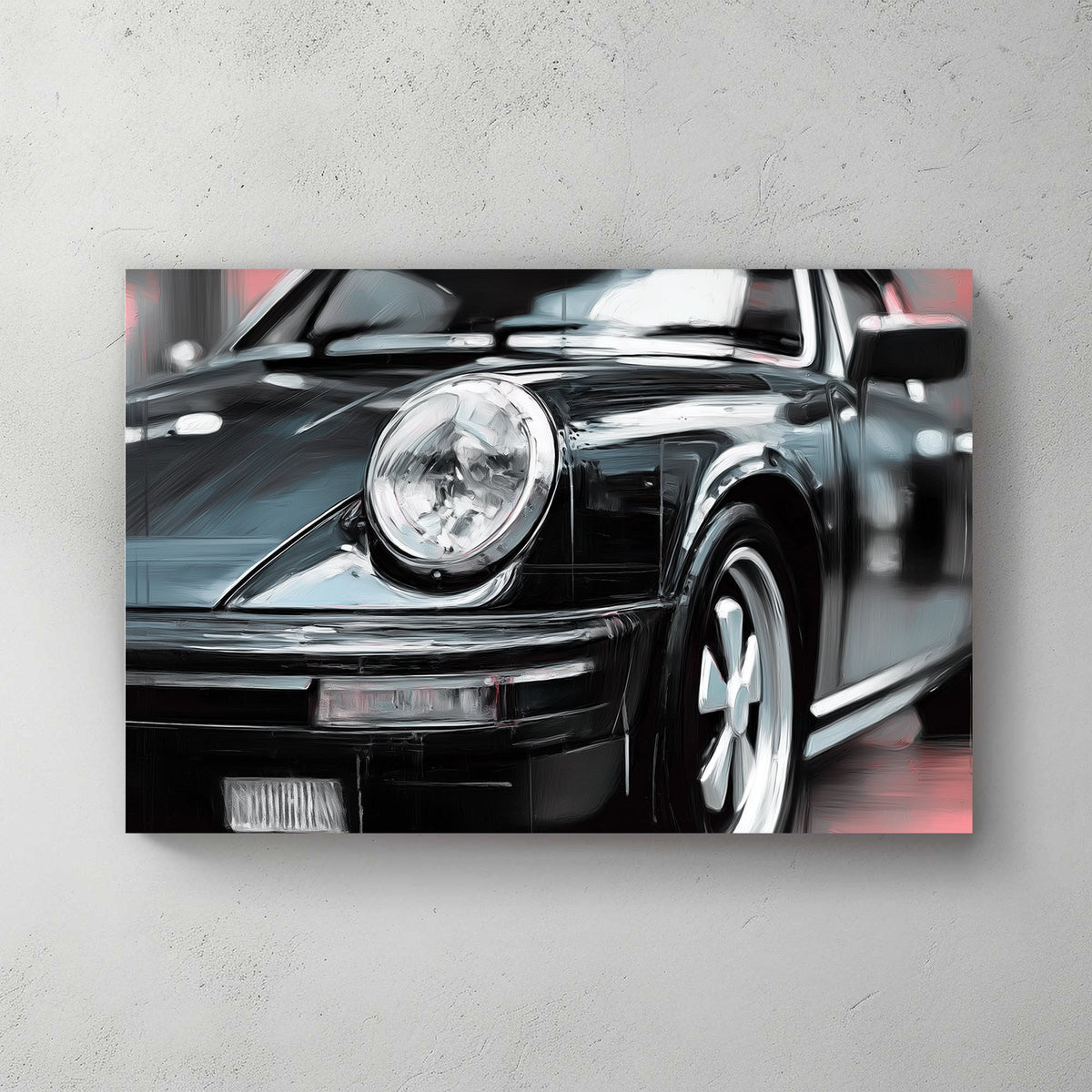 vintage black Porsche oil painting close-up