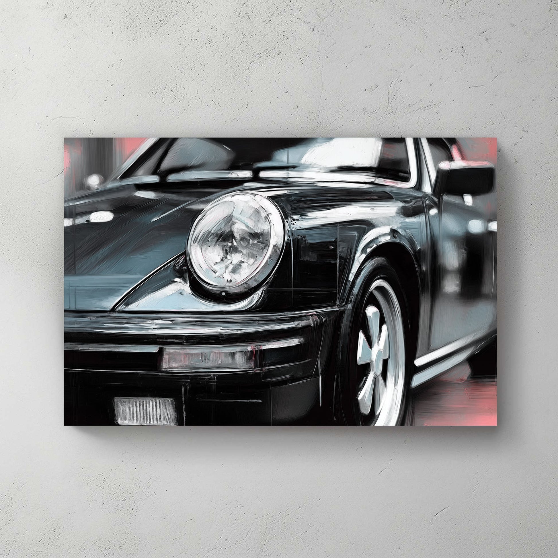 vintage black Porsche oil painting close-up