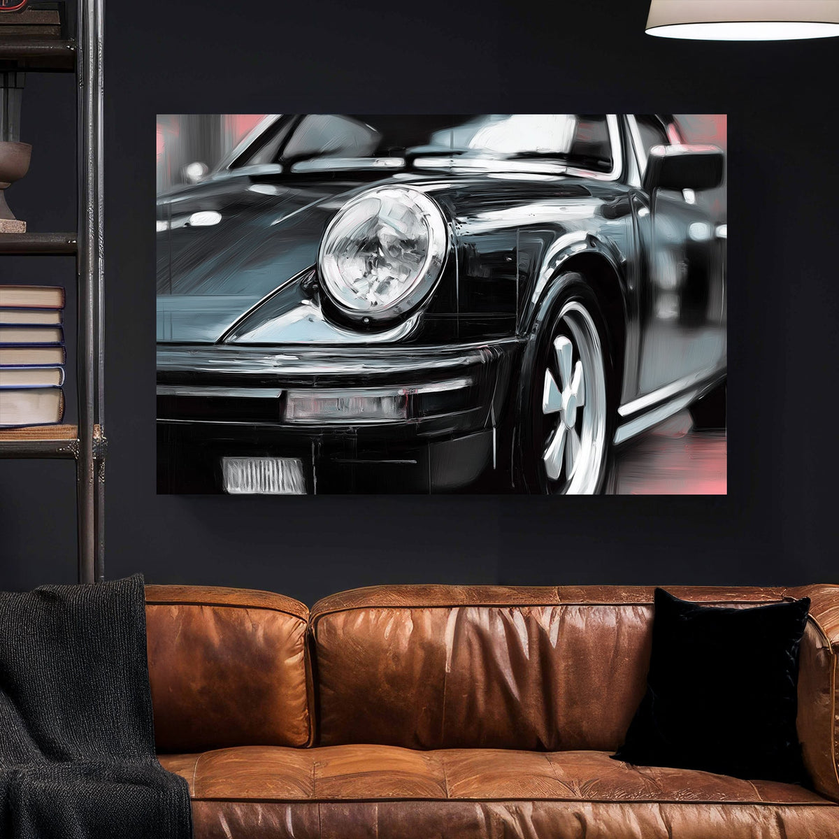 vintage black Porsche oil painting close-up
