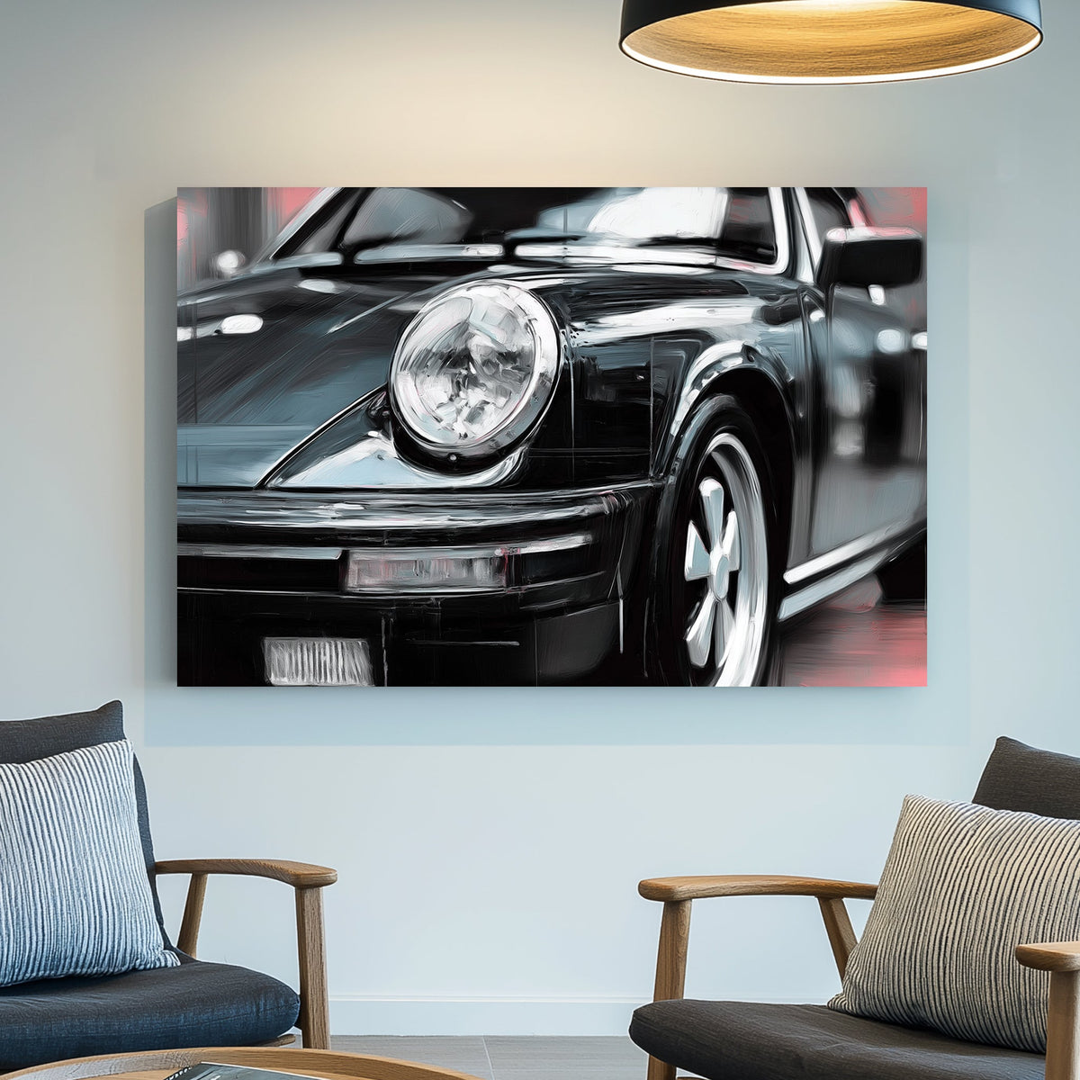 vintage black Porsche oil painting close-up