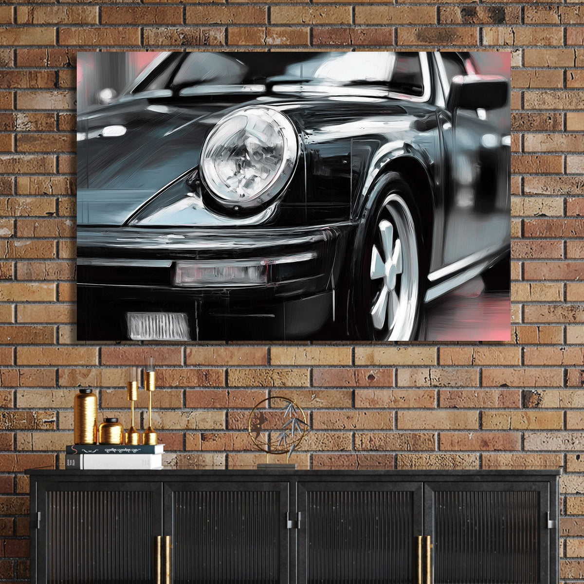 vintage black Porsche oil painting close-up