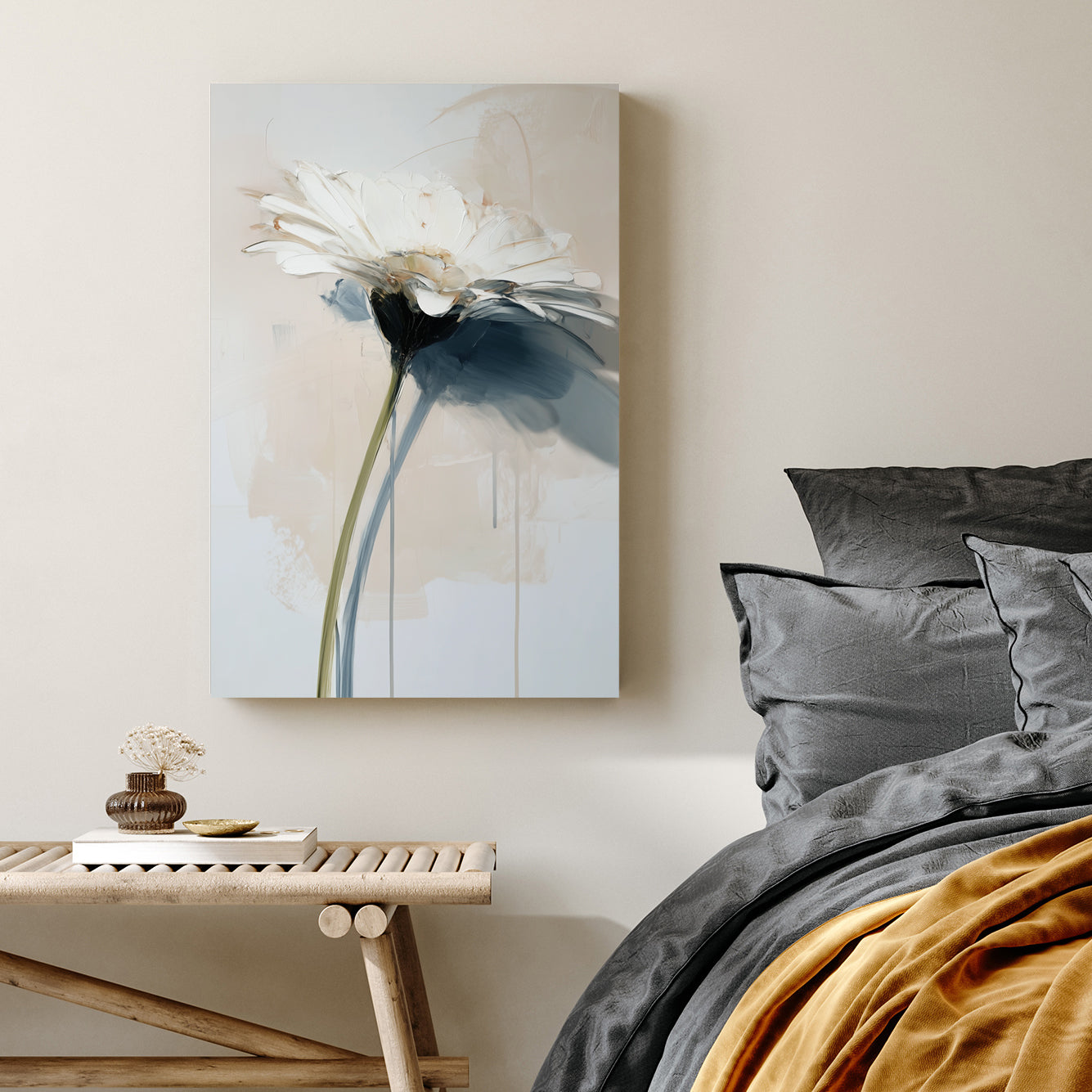 white flower painting with textured brush strokes and soft neutral tones