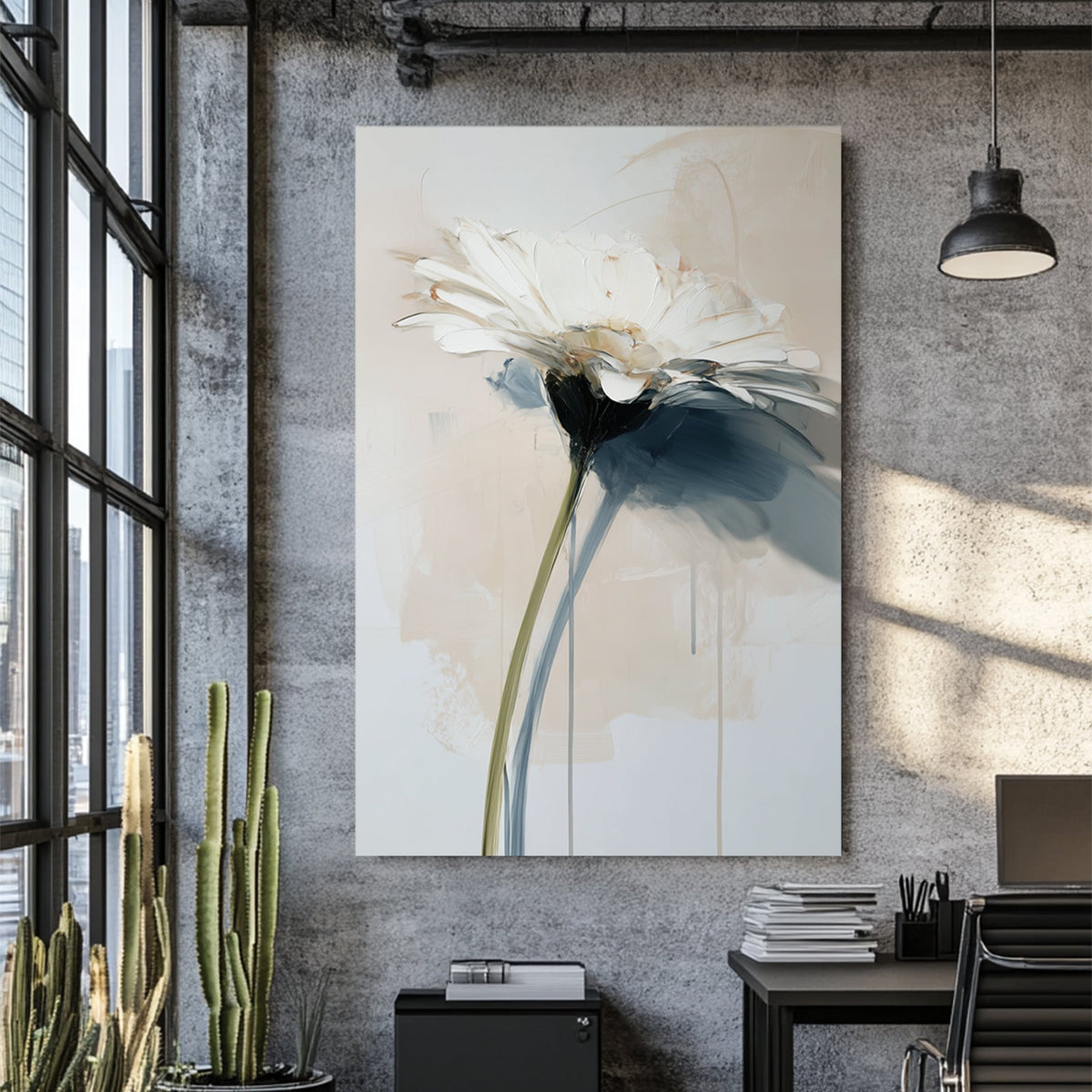 white flower painting with textured brush strokes and soft neutral tones