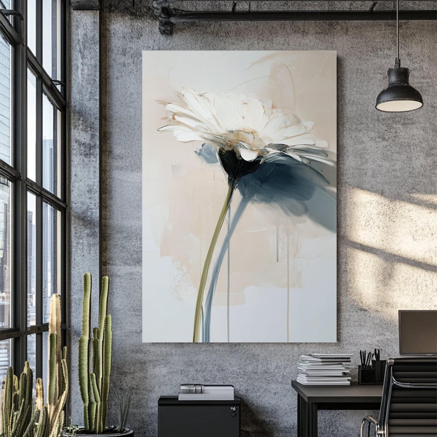 white flower painting with textured brush strokes and soft neutral tones