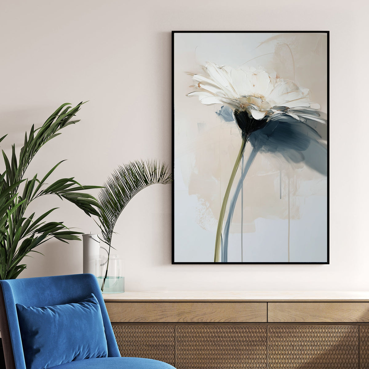 white flower painting with textured brush strokes and soft neutral tones