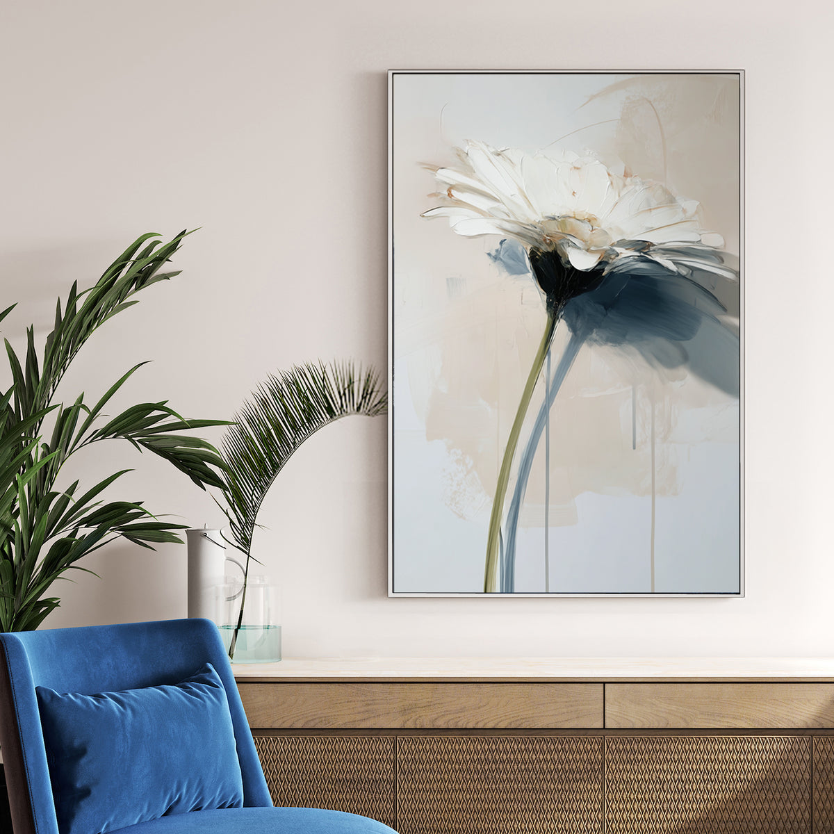white flower painting with textured brush strokes and soft neutral tones