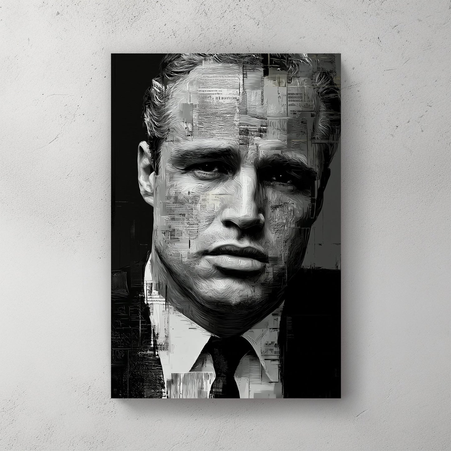 black and white Marlon Brando portrait with abstract texture overlay