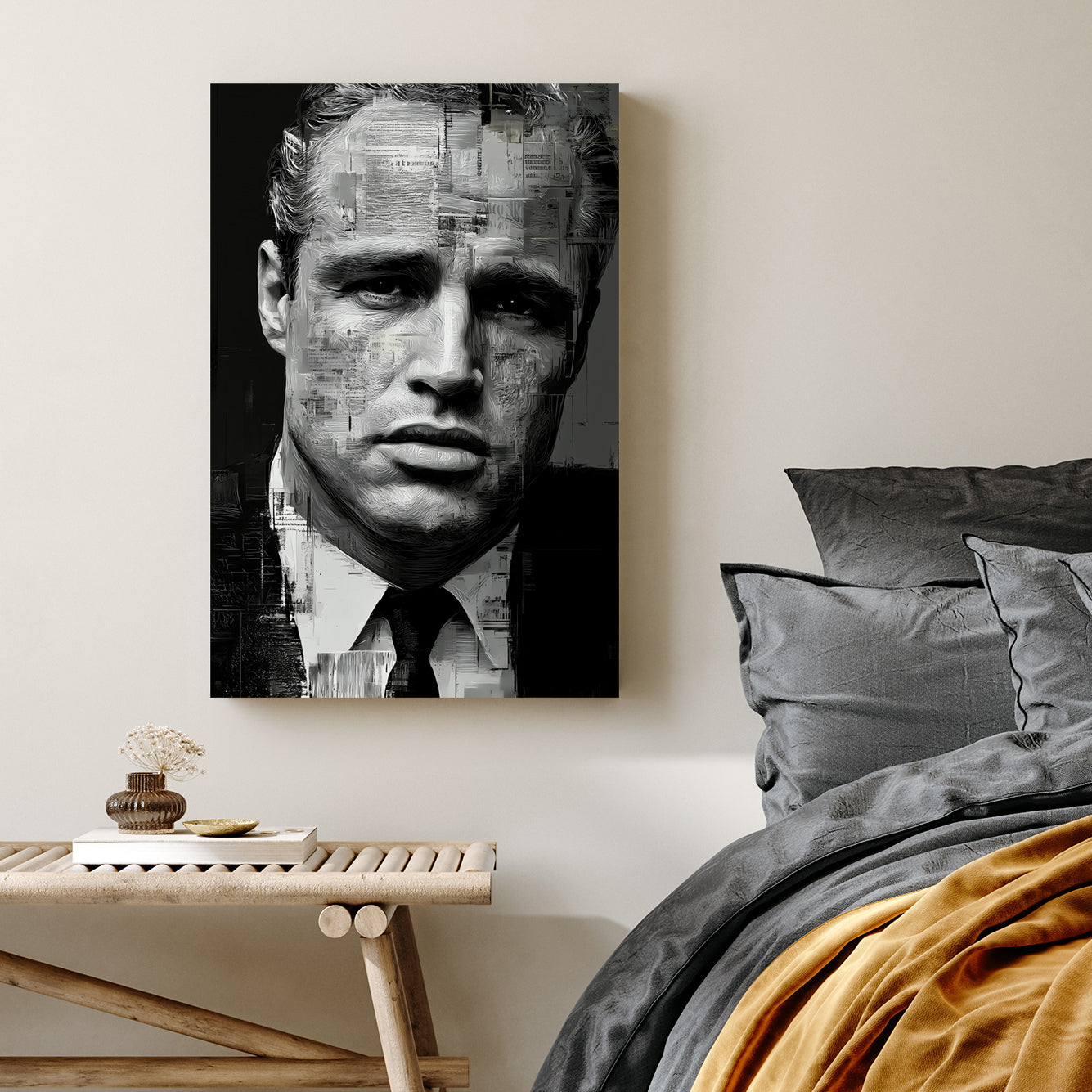 black and white Marlon Brando portrait with abstract texture overlay