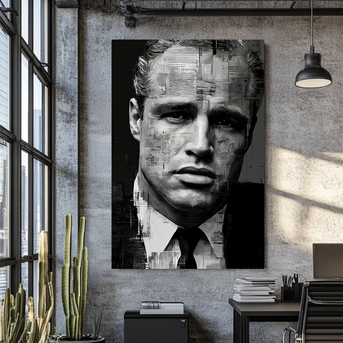 black and white Marlon Brando portrait with abstract texture overlay
