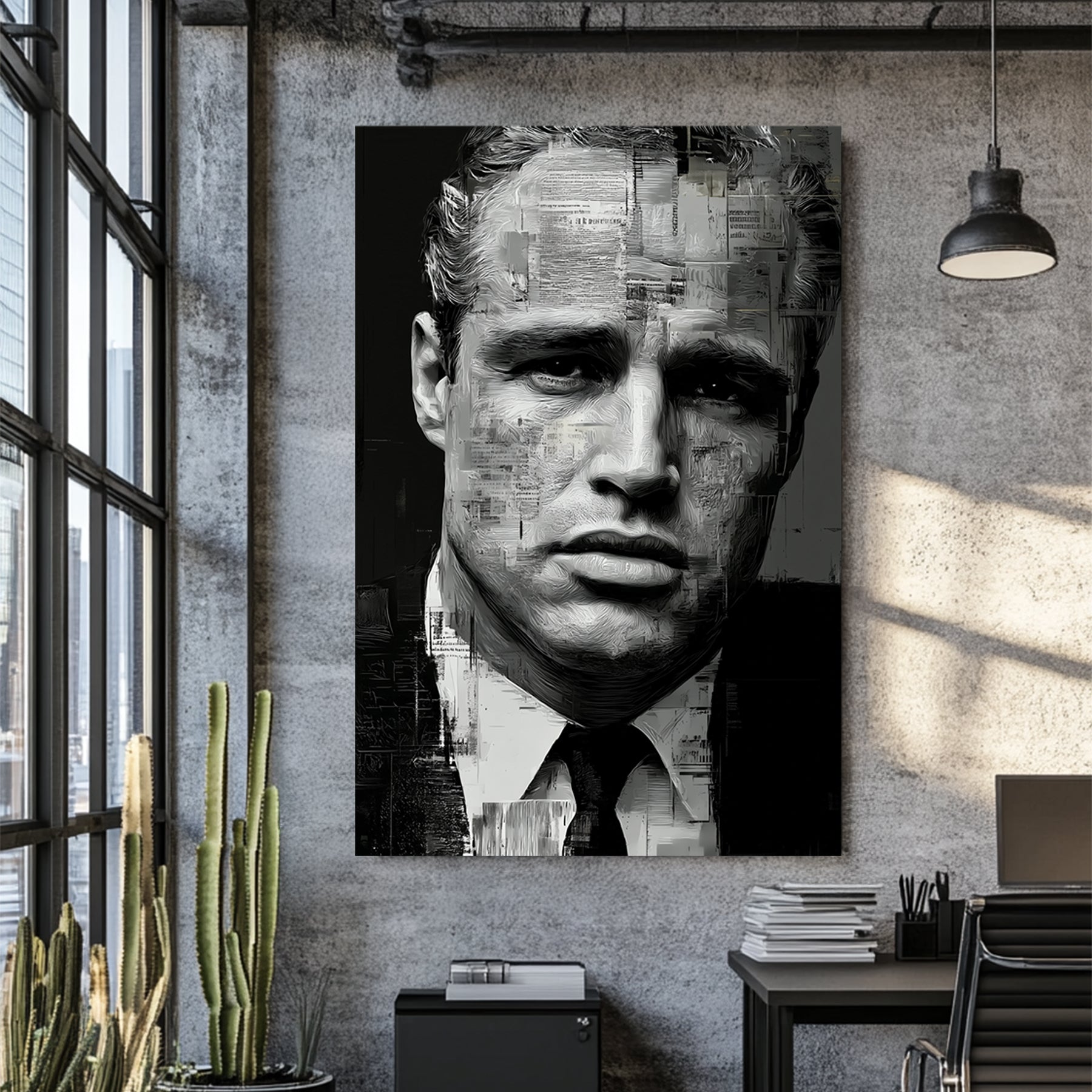 black and white Marlon Brando portrait with abstract texture overlay