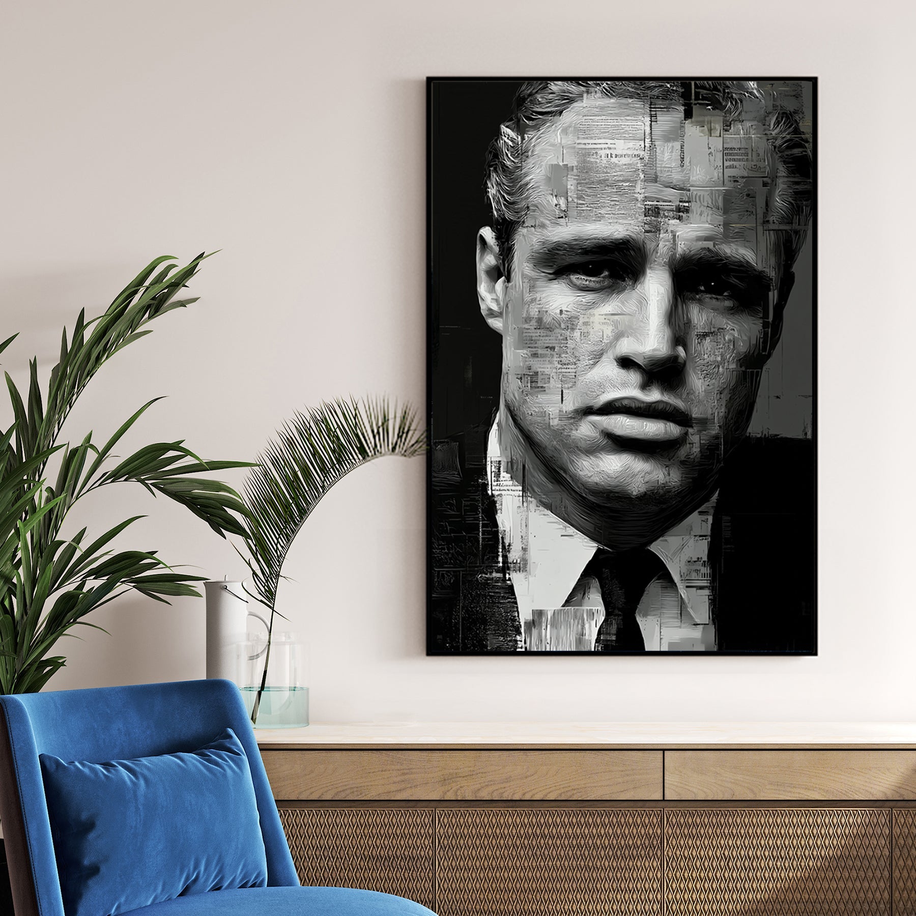 black and white Marlon Brando portrait with abstract texture overlay
