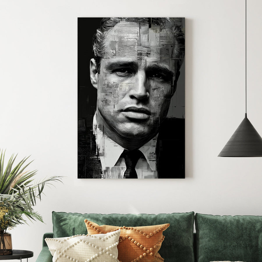 black and white Marlon Brando portrait with abstract texture overlay