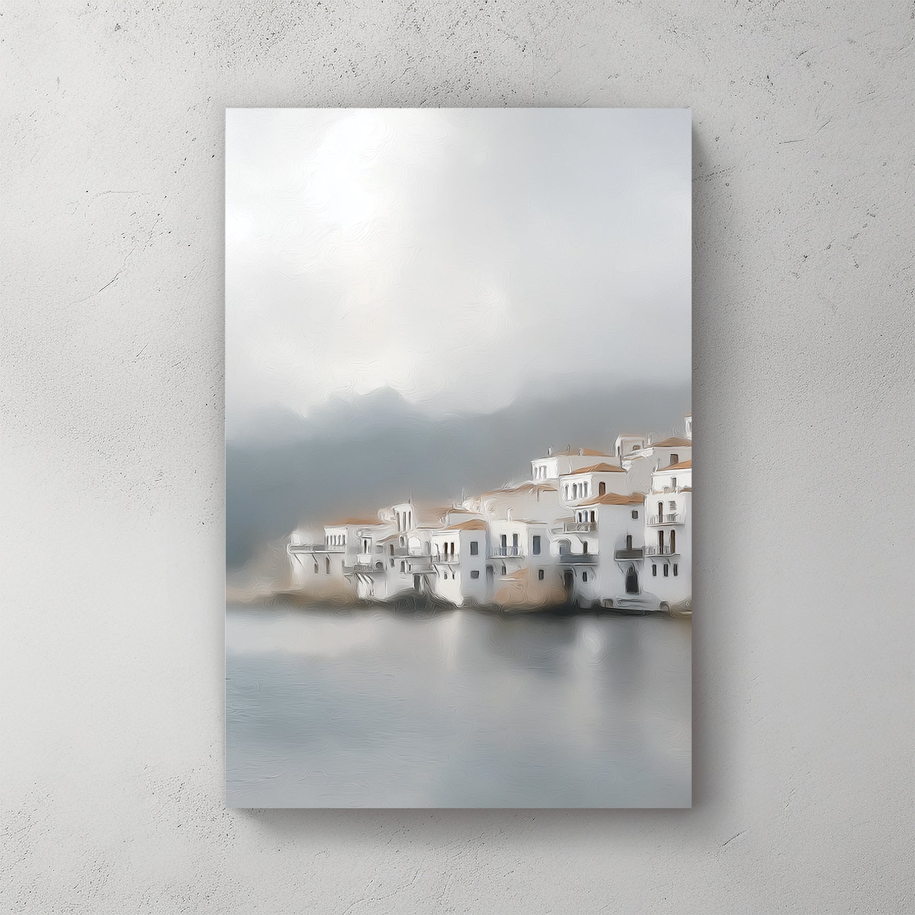 misty seaside village painting with white buildings and terracotta roofs