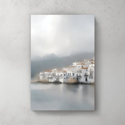 misty seaside village painting with white buildings and terracotta roofs