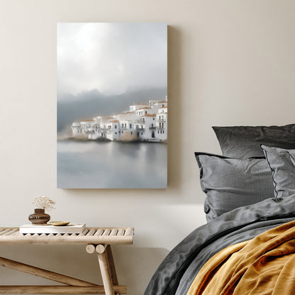 misty seaside village painting with white buildings and terracotta roofs