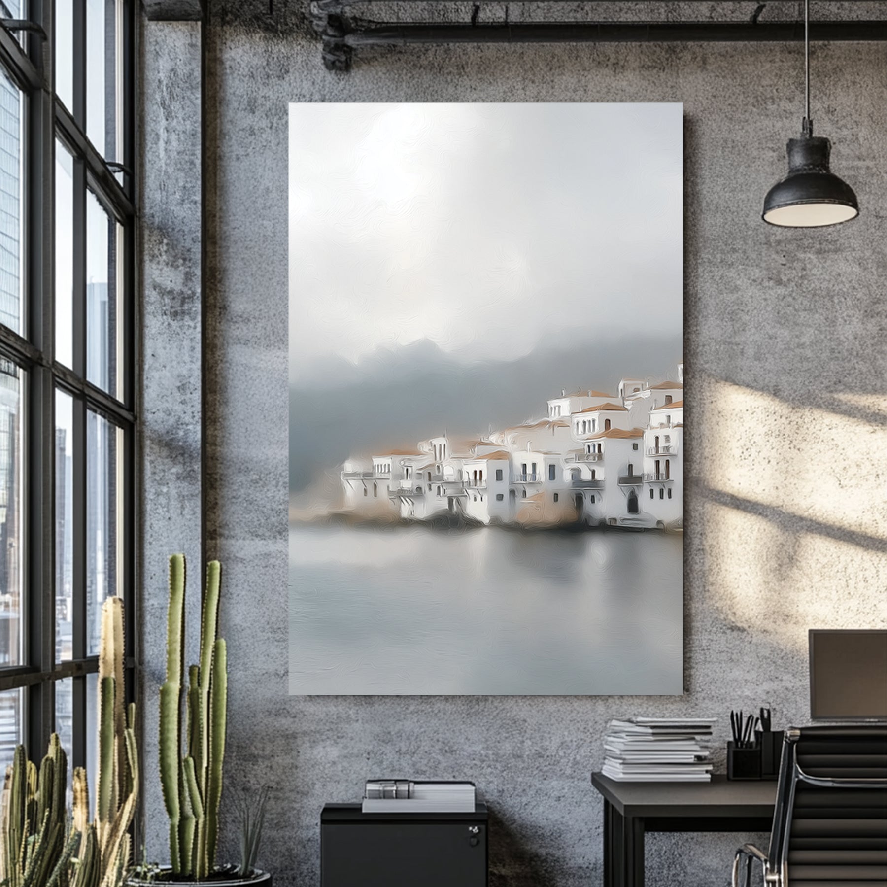 misty seaside village painting with white buildings and terracotta roofs