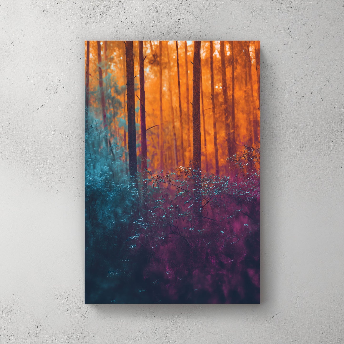 abstract forest scene with orange, teal, and violet tones