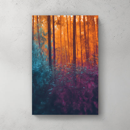 abstract forest scene with orange, teal, and violet tones