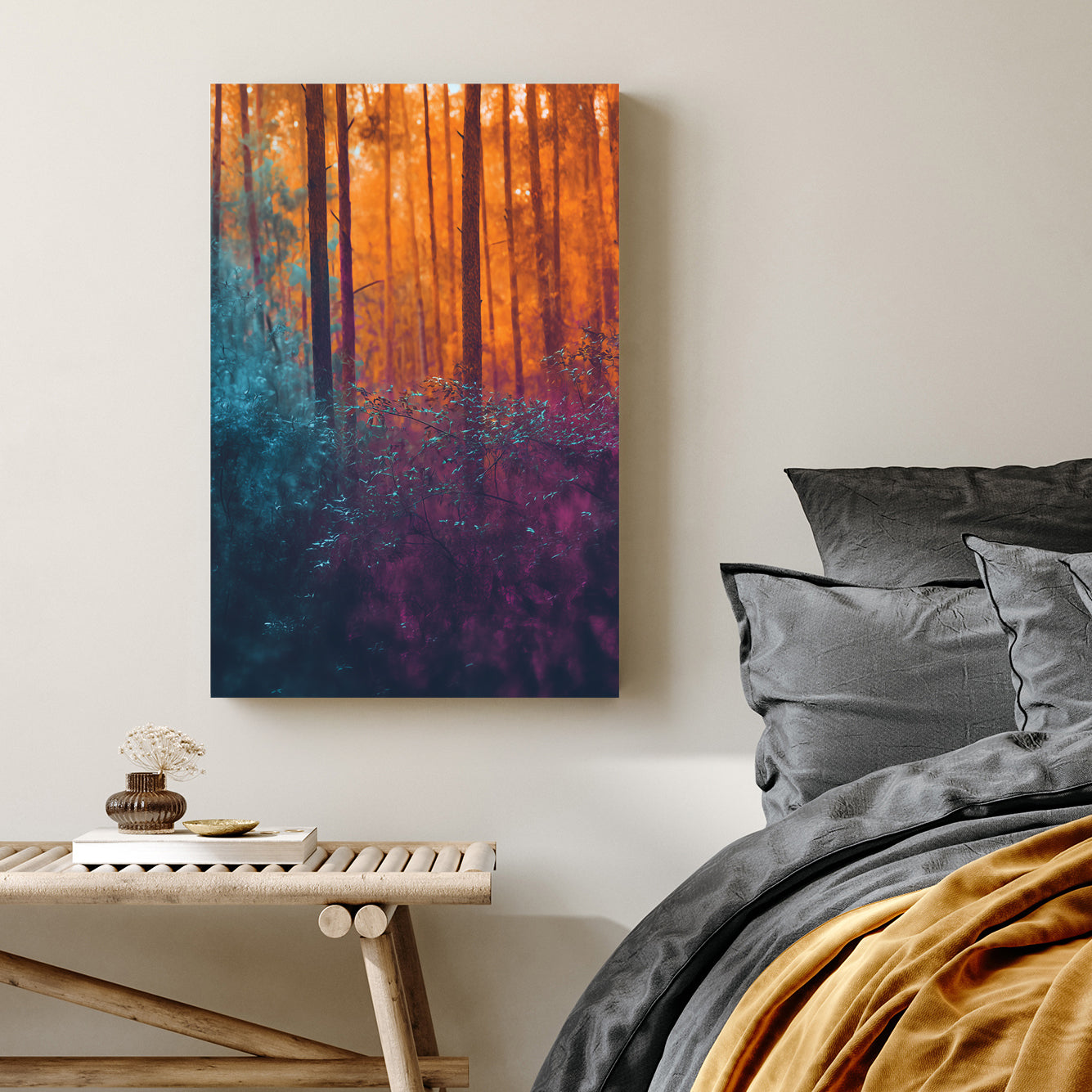 abstract forest scene with orange, teal, and violet tones