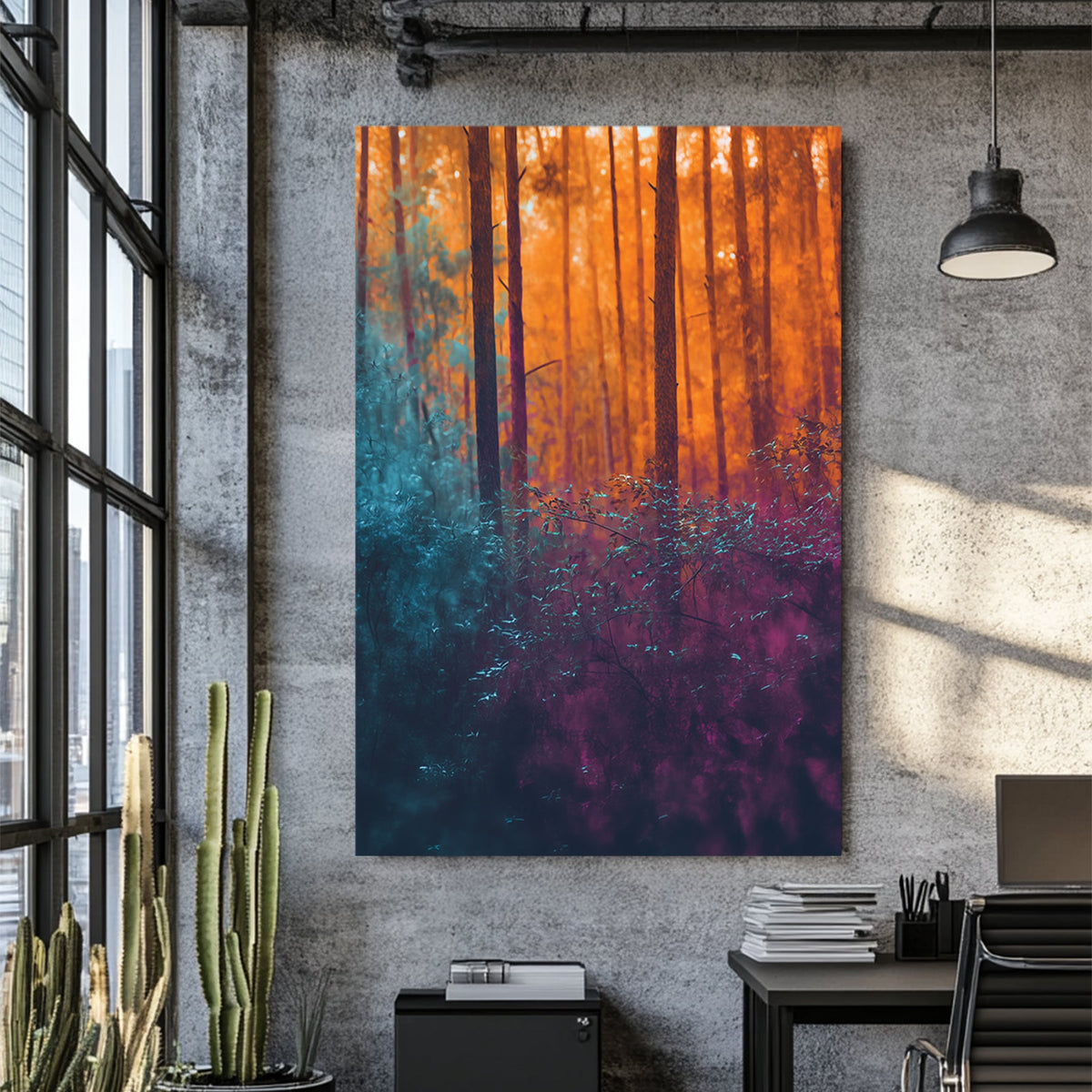 abstract forest scene with orange, teal, and violet tones