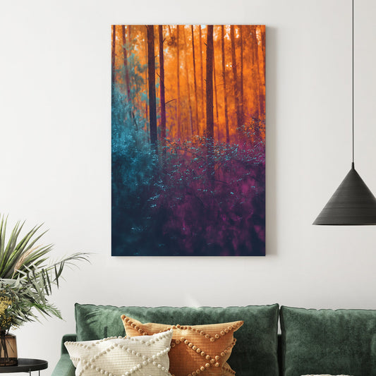abstract forest scene with orange, teal, and violet tones
