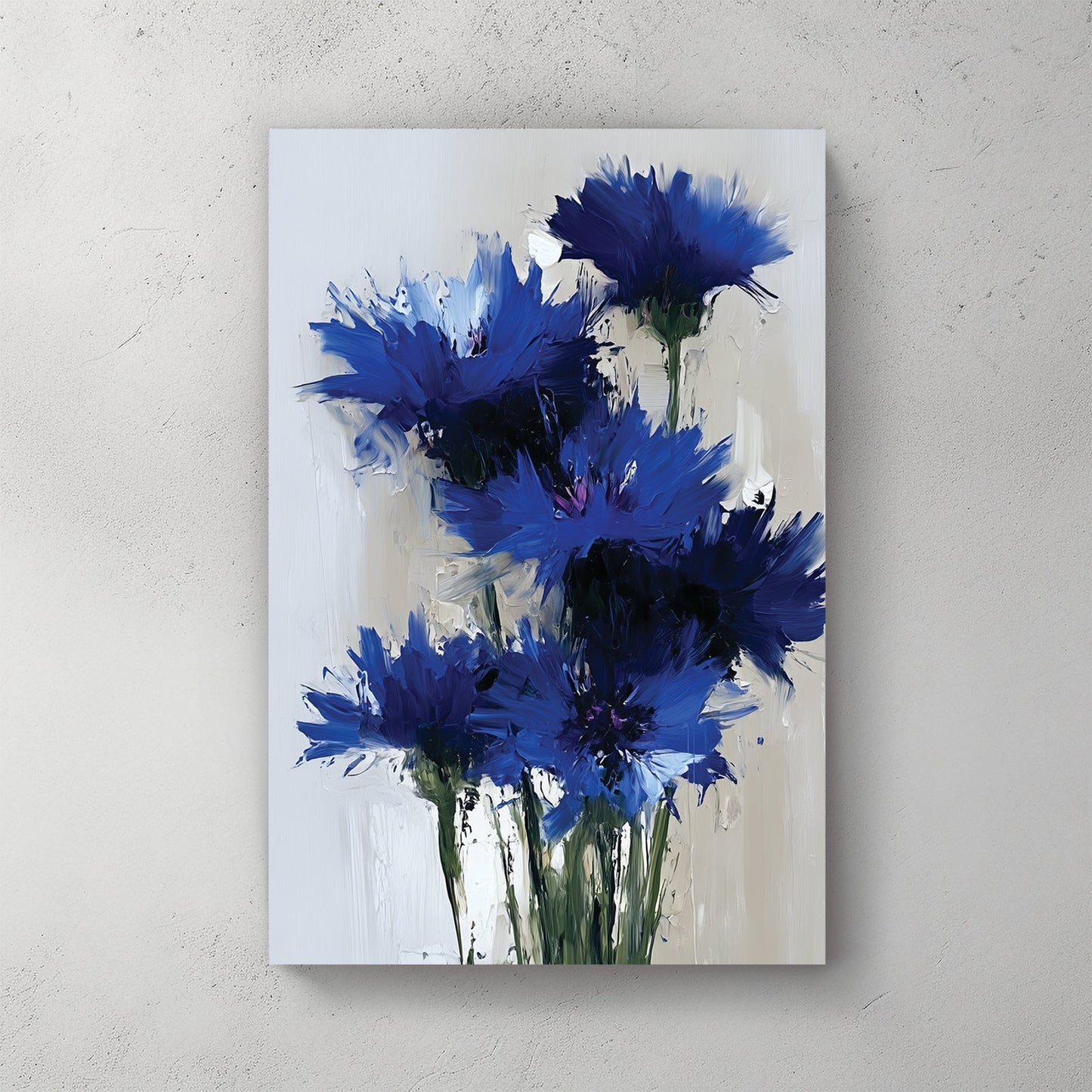 vibrant blue wildflowers wall art in thick oil painting style on light background