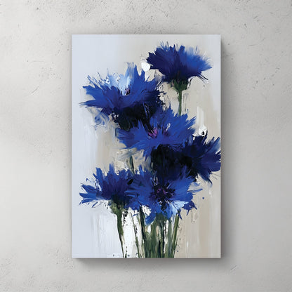 vibrant blue wildflowers wall art in thick oil painting style on light background
