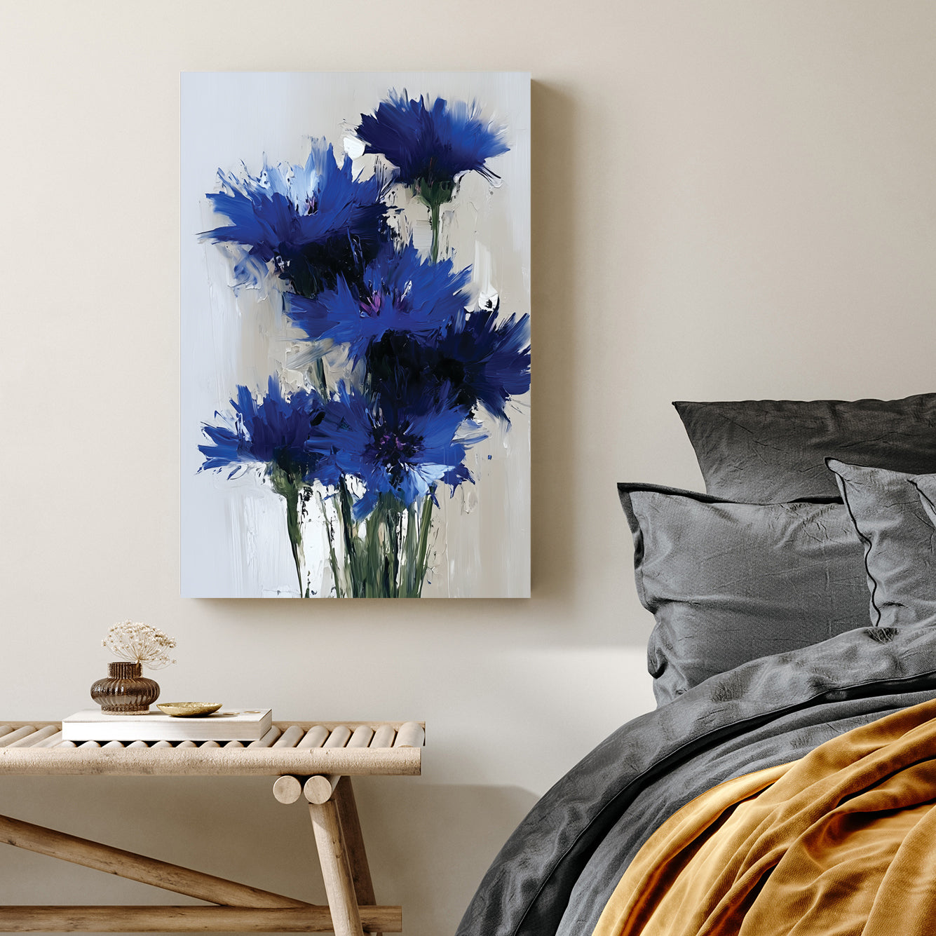 vibrant blue wildflowers wall art in thick oil painting style on light background