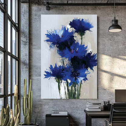 vibrant blue wildflowers wall art in thick oil painting style on light background