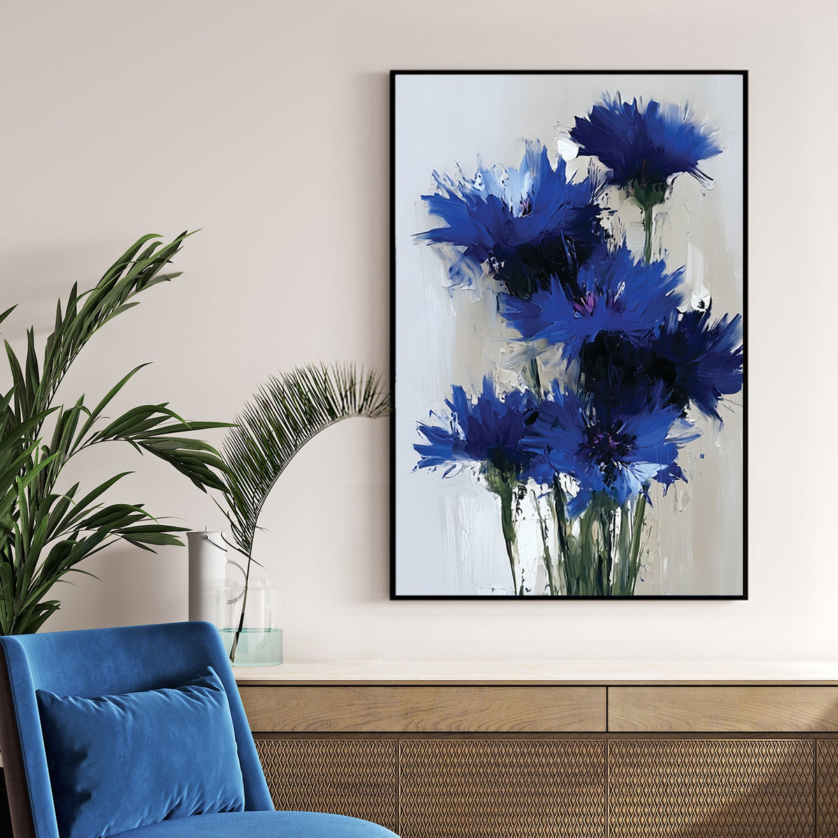 vibrant blue wildflowers wall art in thick oil painting style on light background