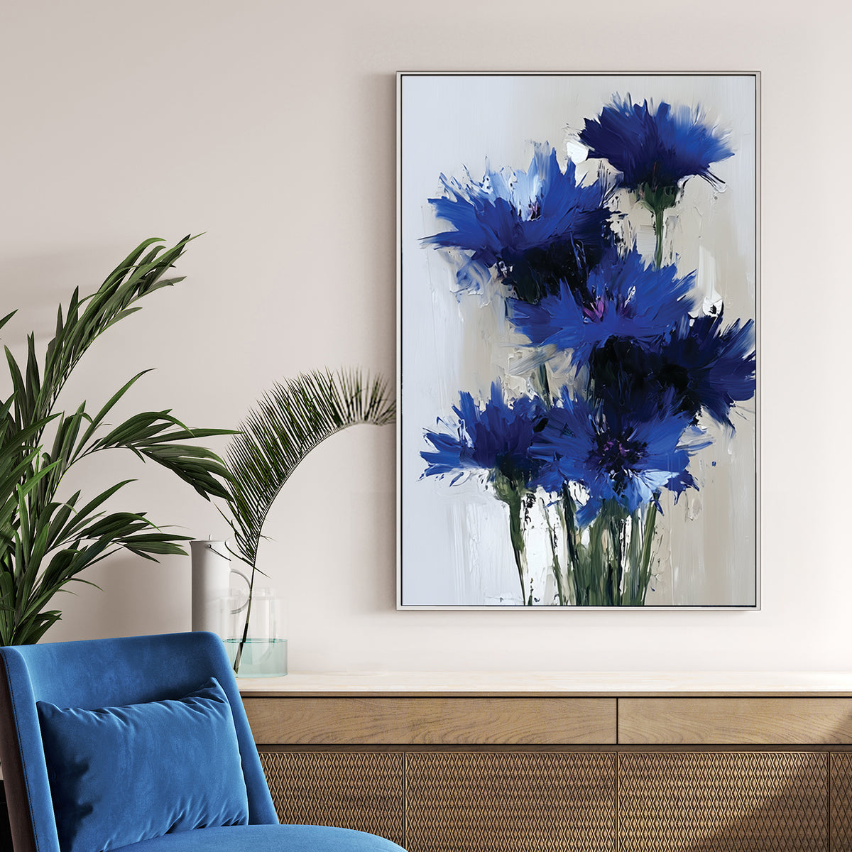 vibrant blue wildflowers wall art in thick oil painting style on light background