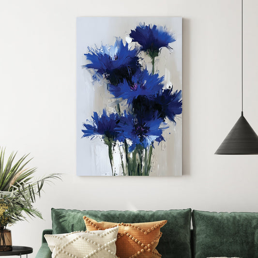 vibrant blue wildflowers wall art in thick oil painting style on light background