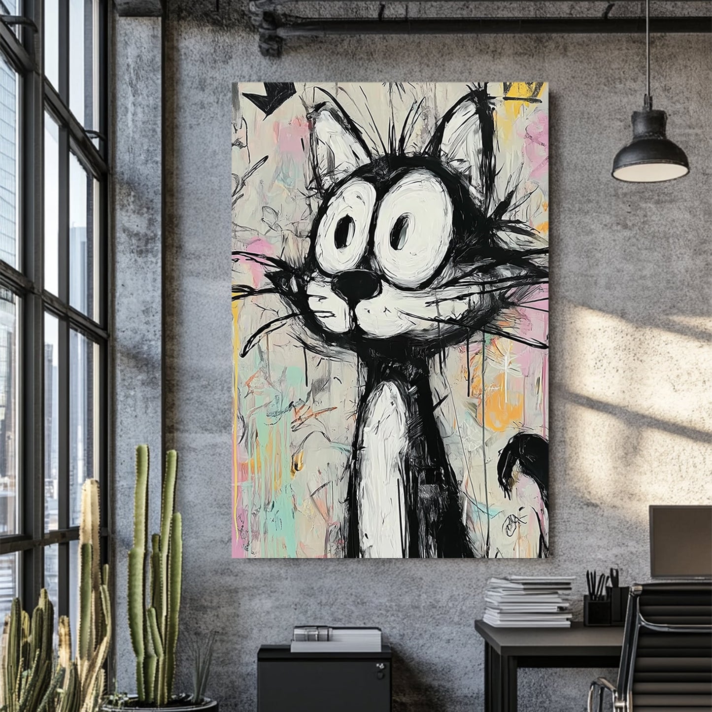 graffiti style cartoon cat wall art