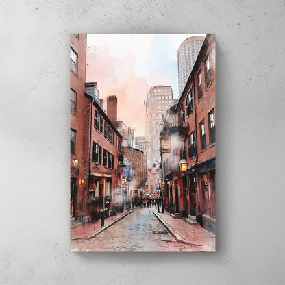 watercolour street scene of Hanover Street Boston with brick buildings and soft pastel sky