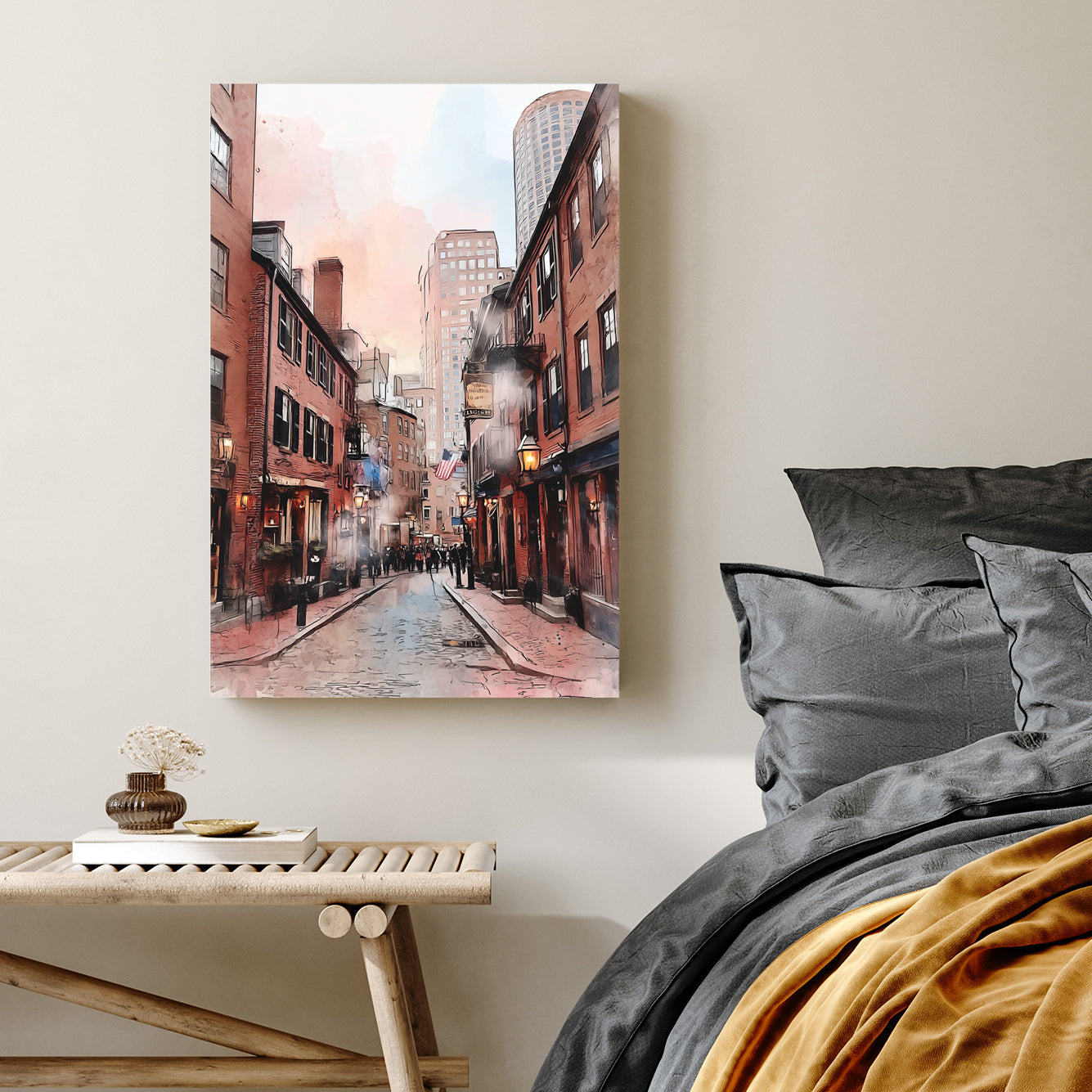 watercolour street scene of Hanover Street Boston with brick buildings and soft pastel sky