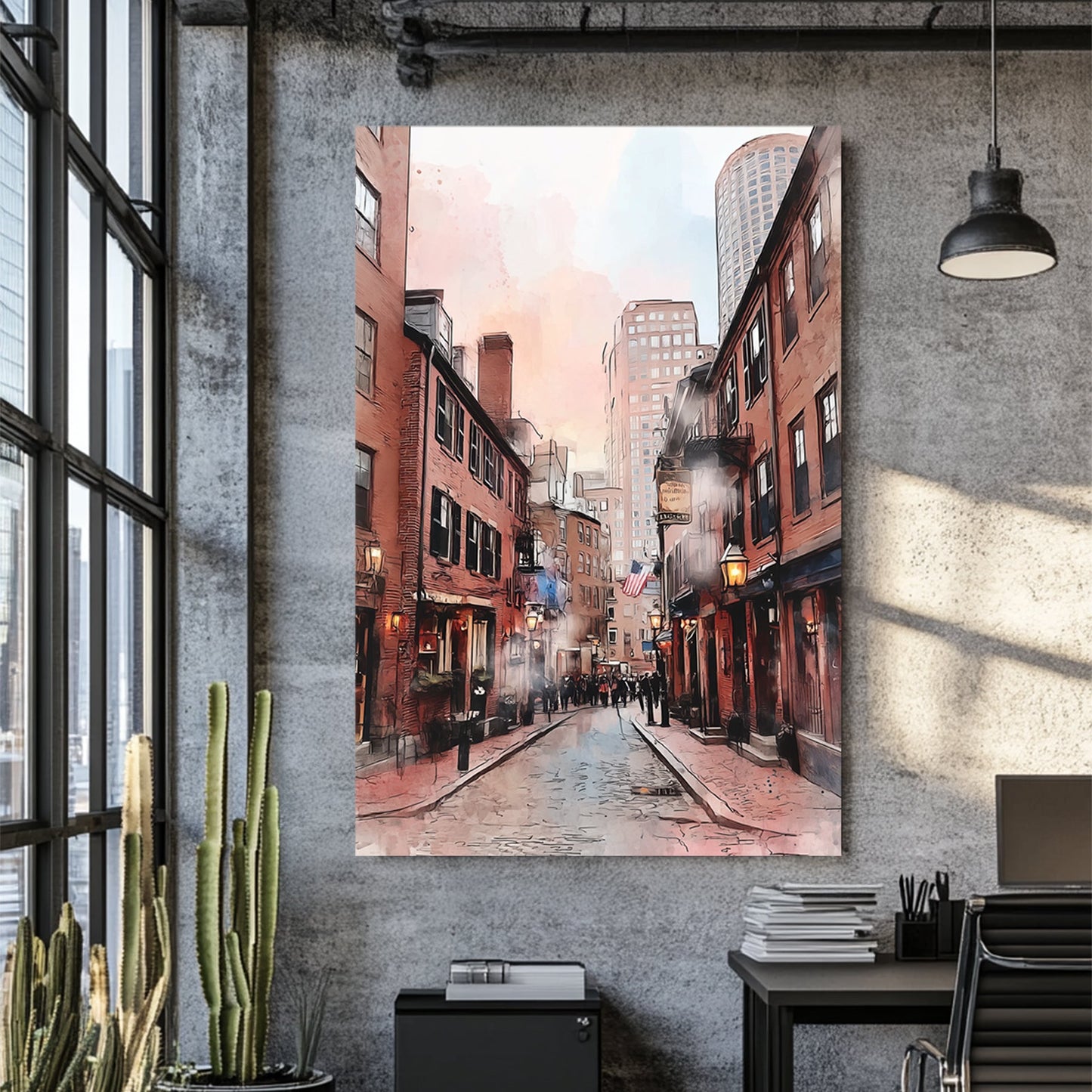 watercolour street scene of Hanover Street Boston with brick buildings and soft pastel sky