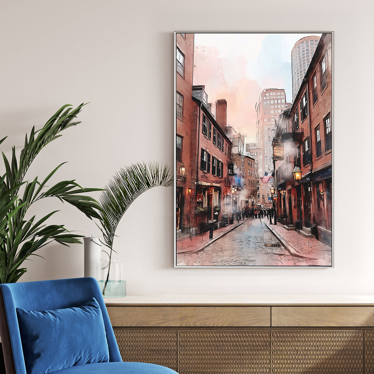 watercolour street scene of Hanover Street Boston with brick buildings and soft pastel sky