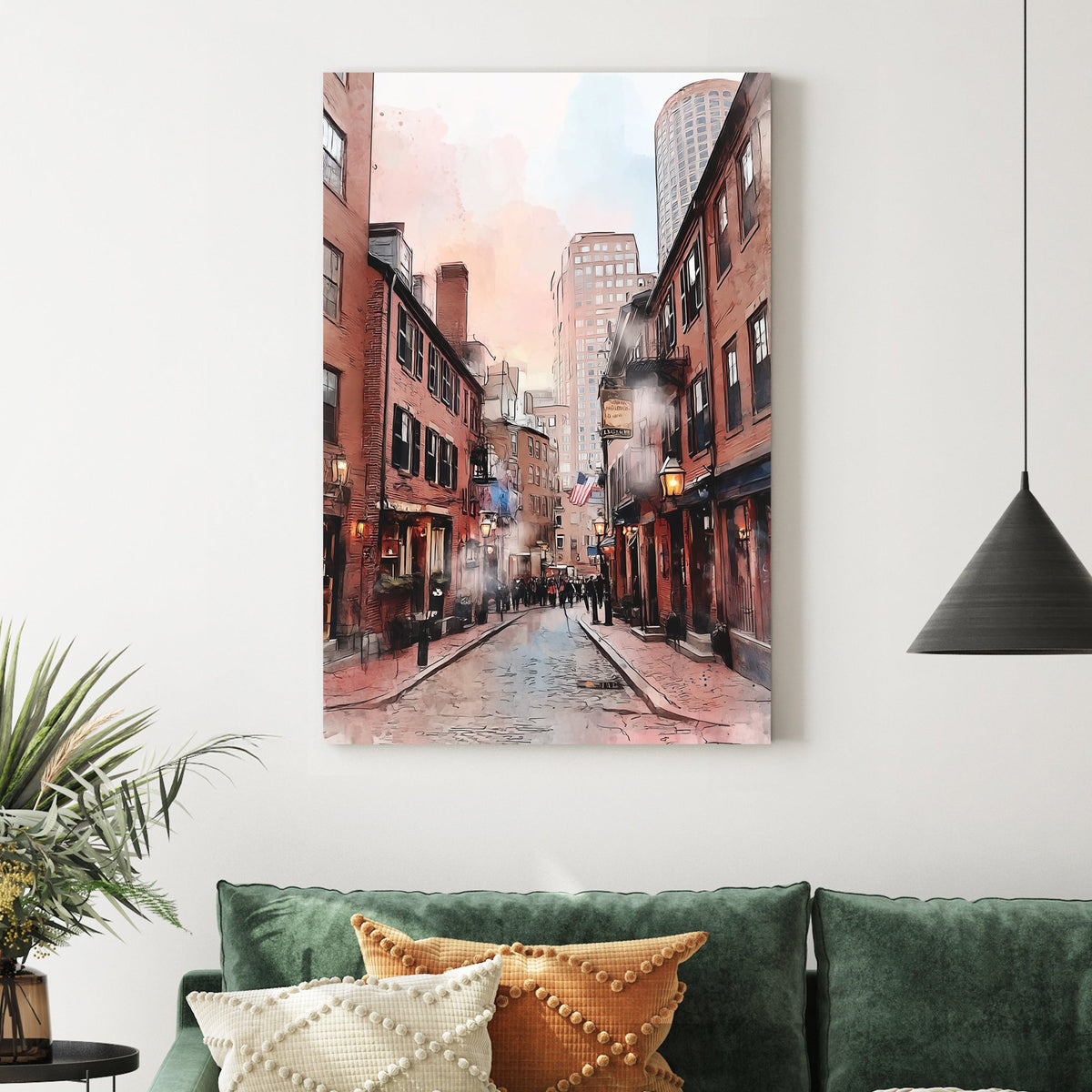 watercolour street scene of Hanover Street Boston with brick buildings and soft pastel sky