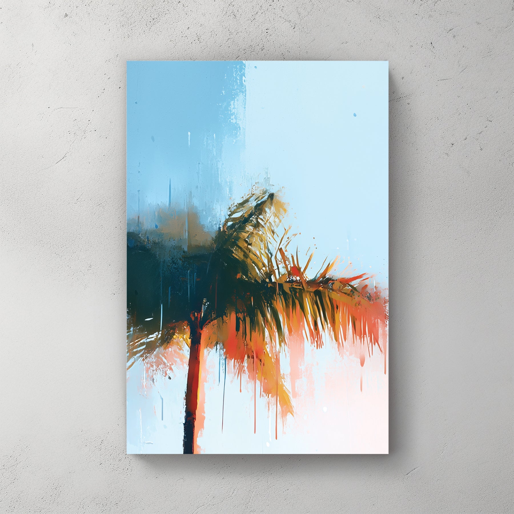 abstract palm tree with blue sky and sunlit brushstrokes in tropical tones