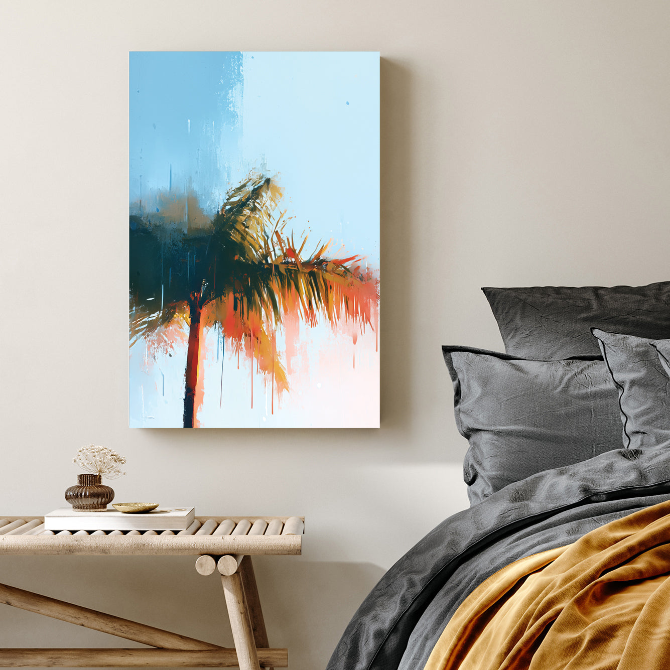 abstract palm tree with blue sky and sunlit brushstrokes in tropical tones