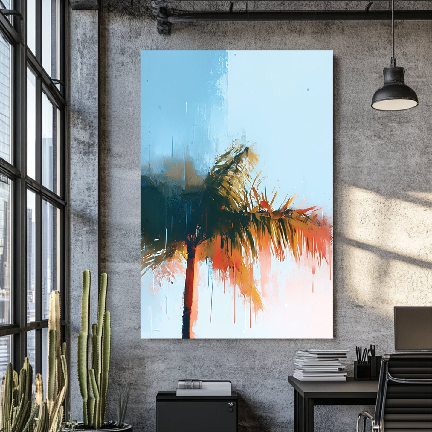 abstract palm tree with blue sky and sunlit brushstrokes in tropical tones